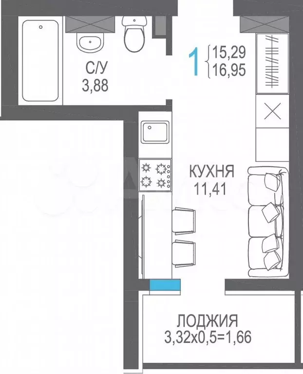 Квартира-студия, 17м, 5/8эт. - Фото 0