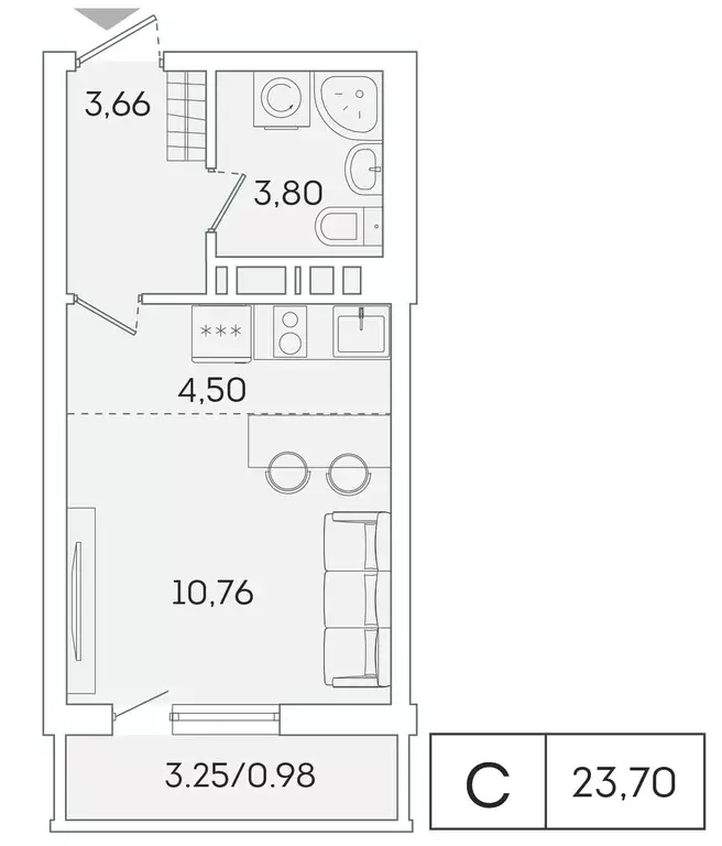 квартира-студия, 22.7 м - Фото 0