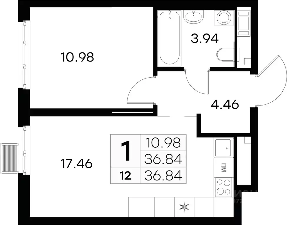 1-к кв. Санкт-Петербург ул. Шкапина, 15 (36.84 м) - Фото 0