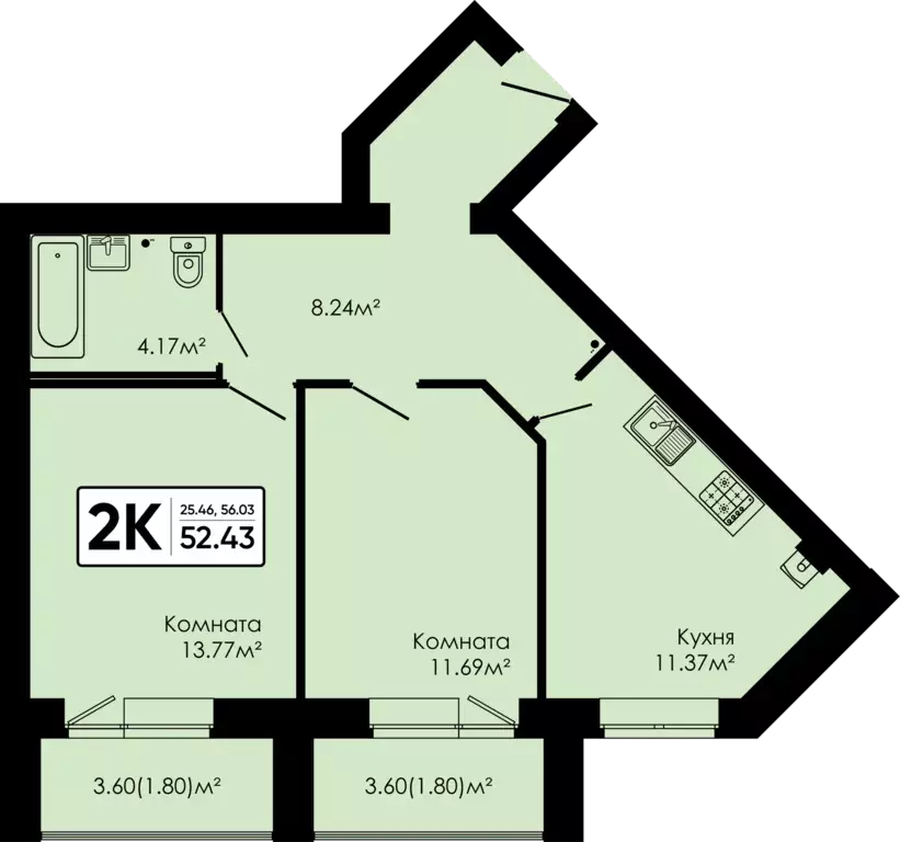 2-к квартира, 52.43 м - Фото 0