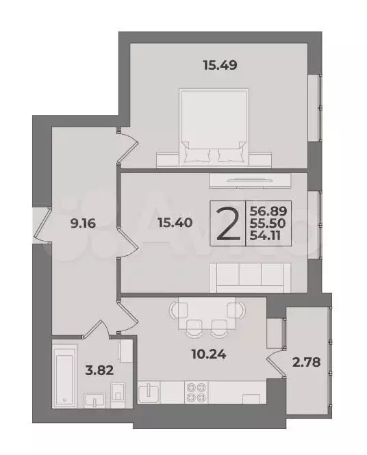 2-к. квартира, 56,9 м, 3/9 эт. - Фото 1