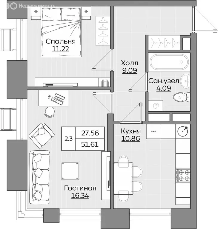 2-комнатная квартира: Казань, ЖК Батталовский (51.6 м) - Фото 0