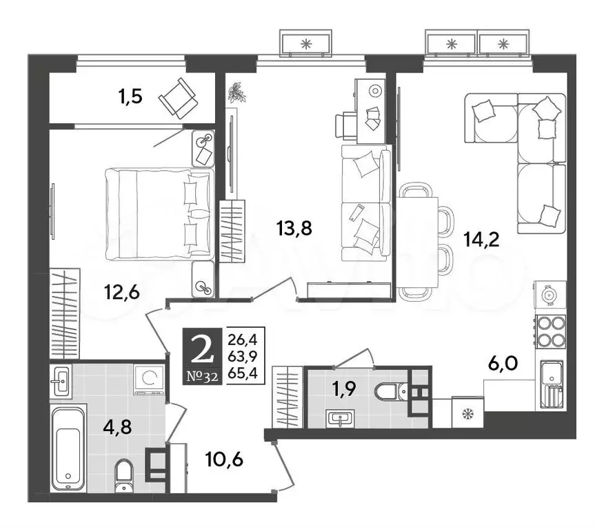 2-к. квартира, 65,4 м, 8/9 эт. - Фото 1