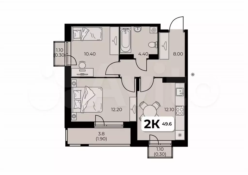 2-к. квартира, 49,6 м, 4/8 эт. - Фото 0