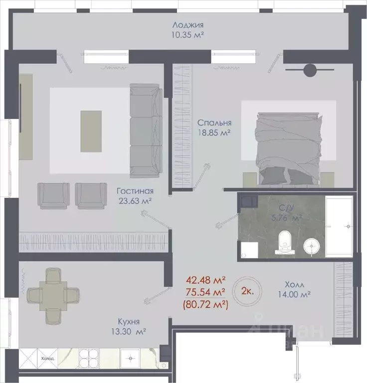 2-к кв. Воронежская область, Воронеж ул. Любы Шевцовой, 31 (80.72 м) - Фото 1