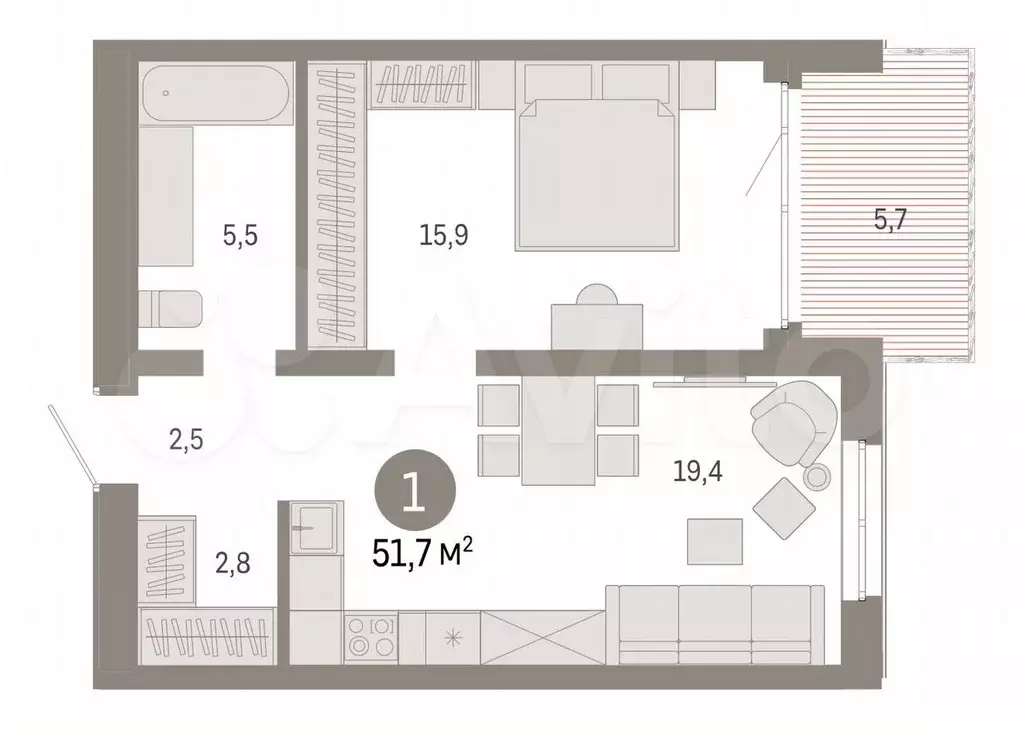 1-к. квартира, 51,7 м, 12/17 эт. - Фото 0