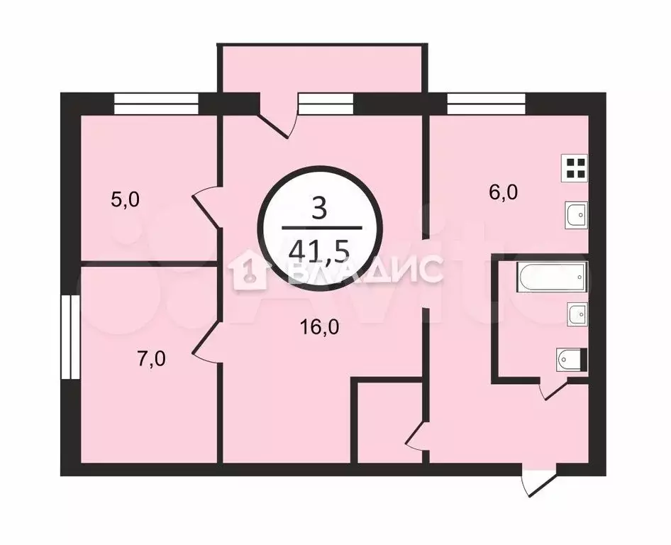 2-к. квартира, 41,5 м, 3/5 эт. - Фото 0
