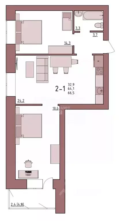 2-к кв. Вологодская область, Вологда Новгородская ул., 38 (64.4 м) - Фото 2