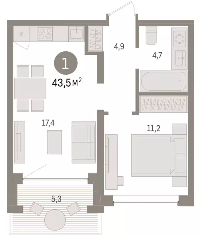 1-комнатная квартира: Тюмень, ЖК Дом у Озера (43.5 м) - Фото 1