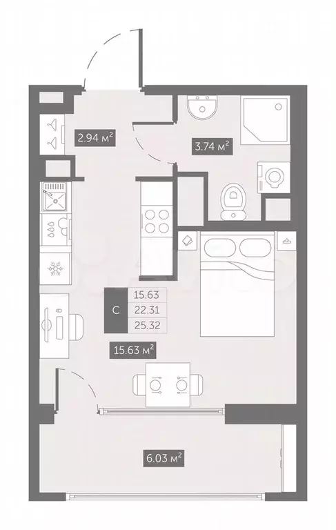 Квартира-студия, 25,3 м, 8/10 эт. - Фото 0