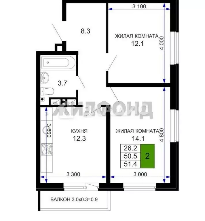 2-комнатная квартира: Краснодар, улица Лётчика Позднякова, 2к5 (51.4 ... - Фото 0