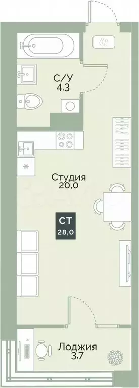 Квартира-студия, 28 м, 8/12 эт. - Фото 0