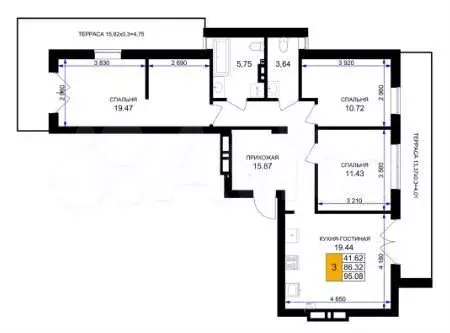 3-к. квартира, 95,1 м, 1/7 эт. - Фото 1