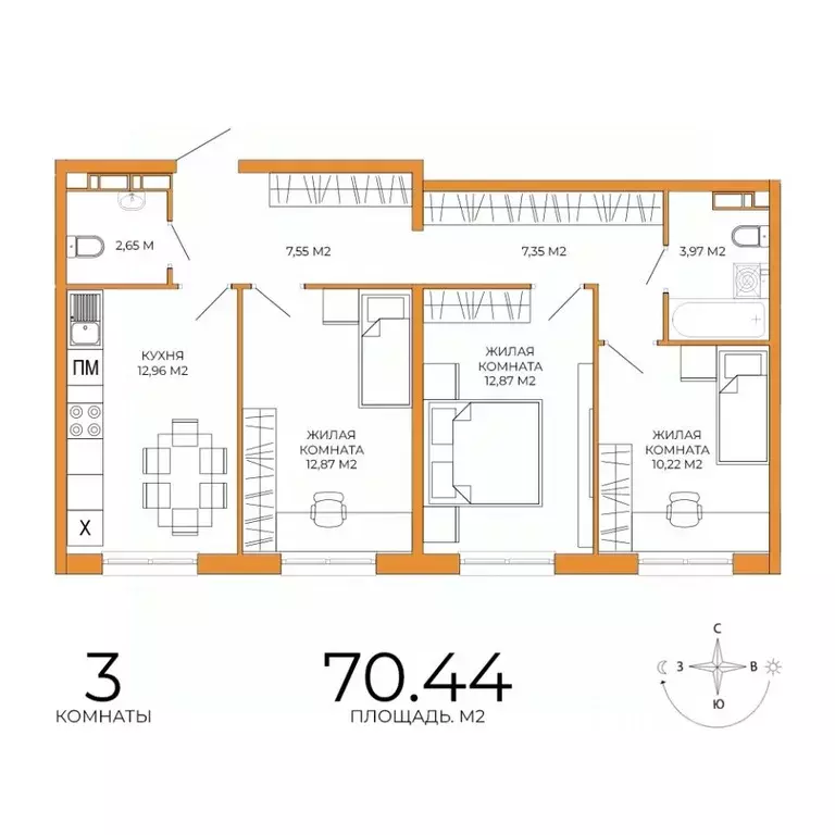 3-к кв. Пензенская область, Пенза Побочинская ул., с10 (70.44 м) - Фото 0