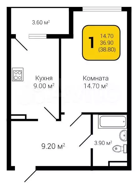 1-к. квартира, 38,8 м, 2/18 эт. - Фото 1