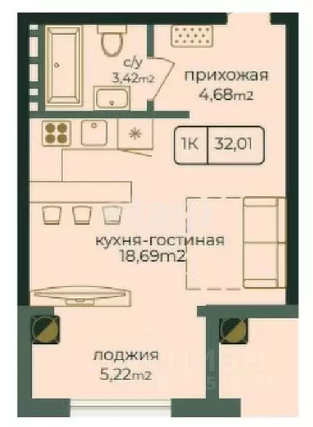 Студия Дагестан, Каспийск просп. Акулиничева (32.01 м) - Фото 0