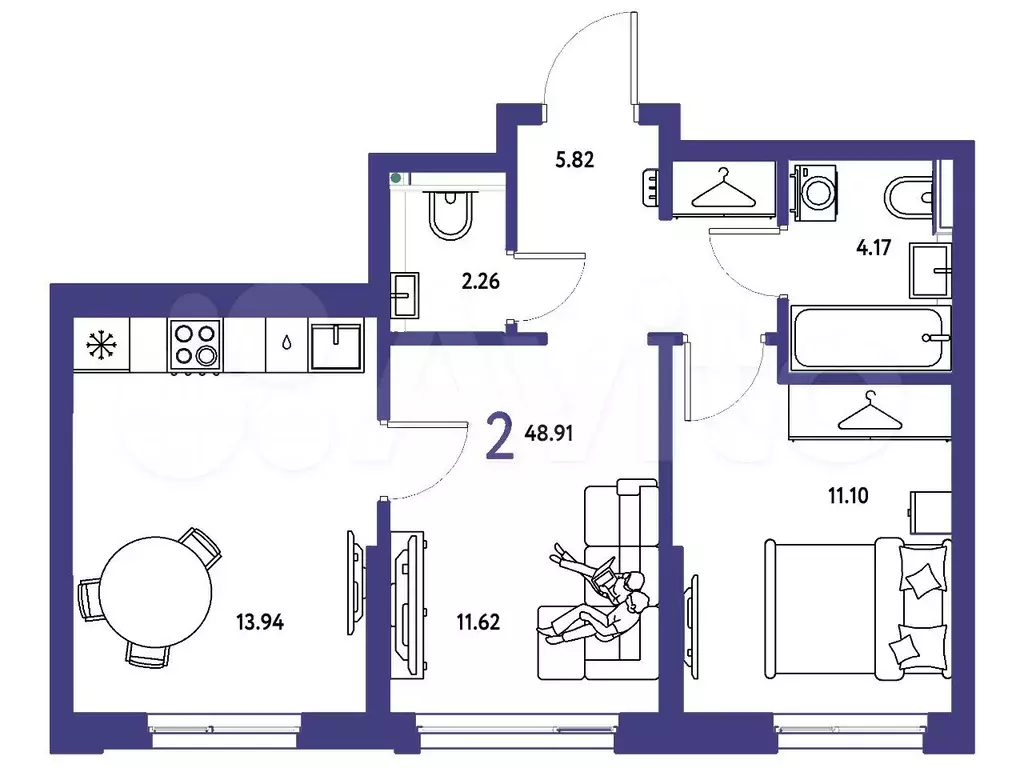 2-к. квартира, 48,9 м, 7/7 эт. - Фото 1