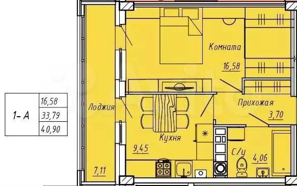 1-к. квартира, 40,9 м, 2/9 эт. - Фото 0
