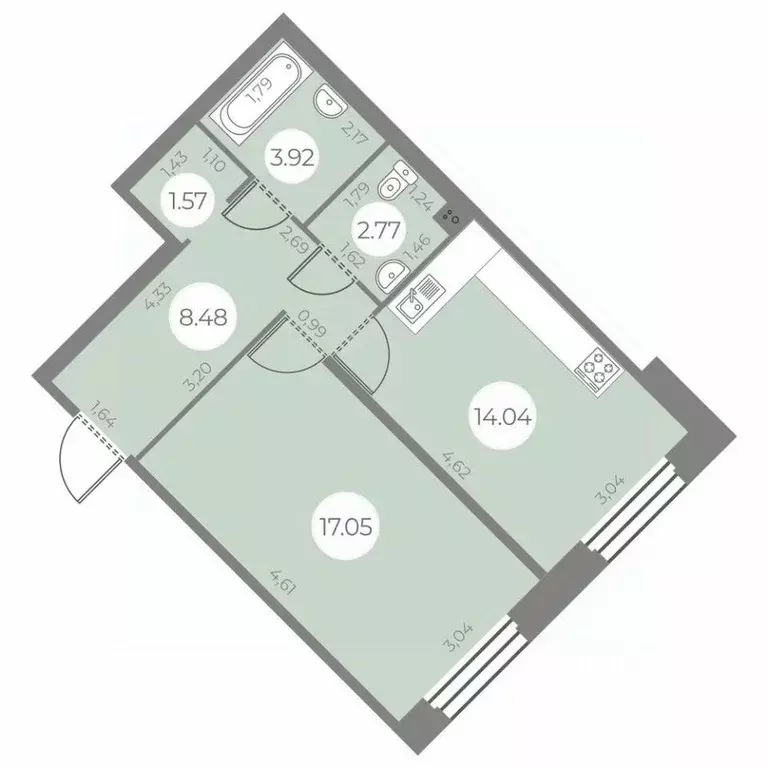 Квартира, 1 комната, 47.83 м - Фото 1