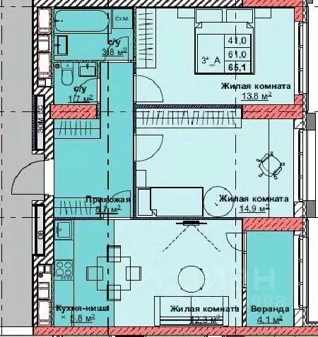 3-к кв. Приморский край, Владивосток Каштановая ул., 17/3 (65.1 м) - Фото 1