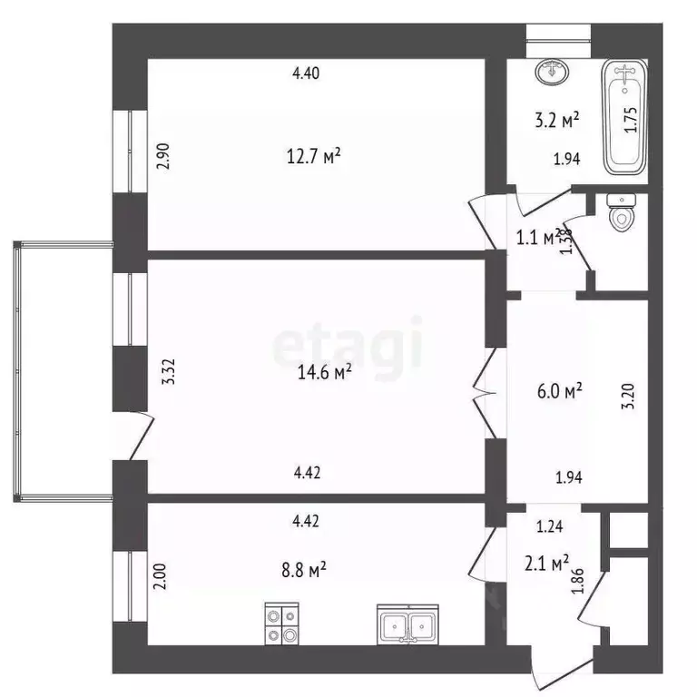2-к кв. Челябинская область, Челябинск ул. Сталеваров, 33 (52.3 м) - Фото 1