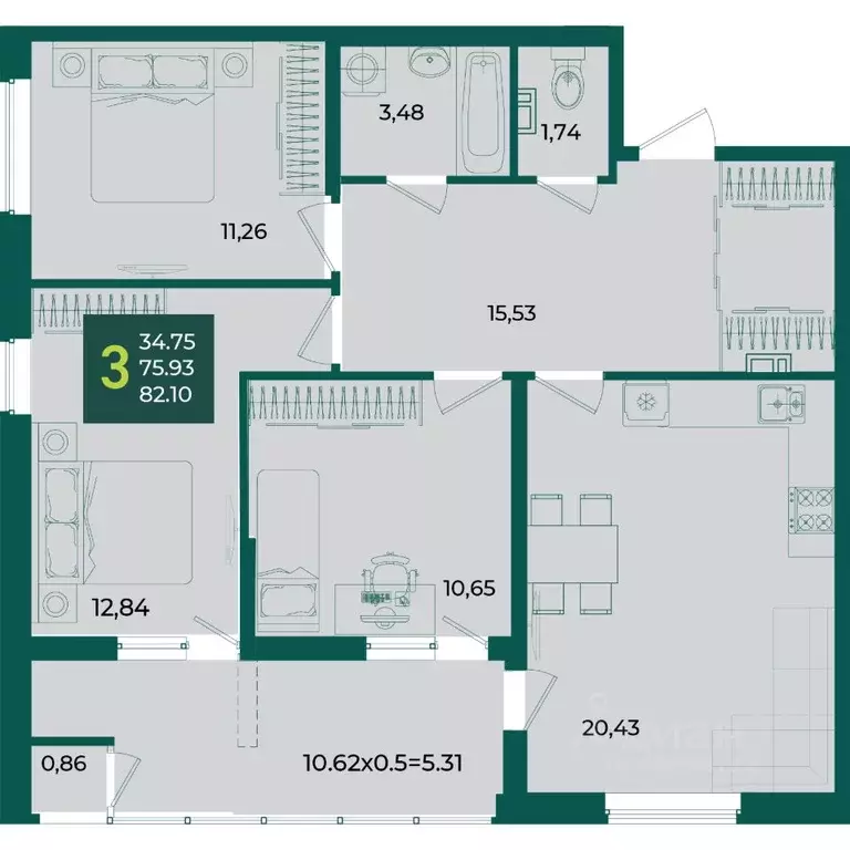 3-к кв. Краснодарский край, Краснодар Образцово мкр,  (82.1 м) - Фото 1