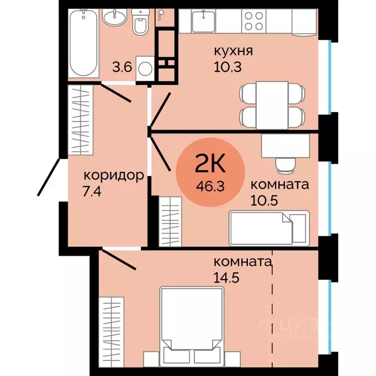 2-к кв. Пермский край, Пермь ул. Яблочкова, 5к4 (46.3 м) - Фото 1