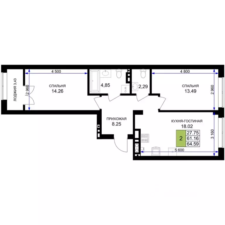 2-к кв. Калининградская область, Гурьевск Включи жилой комплекс (64.59 ... - Фото 1