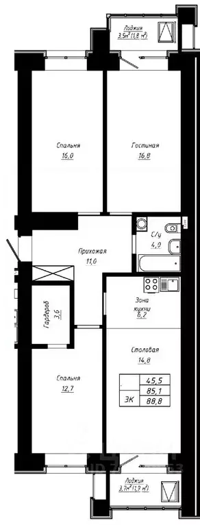 3-к кв. Алтайский край, Барнаул ул. Сухэ-Батора, 39 (88.8 м) - Фото 0