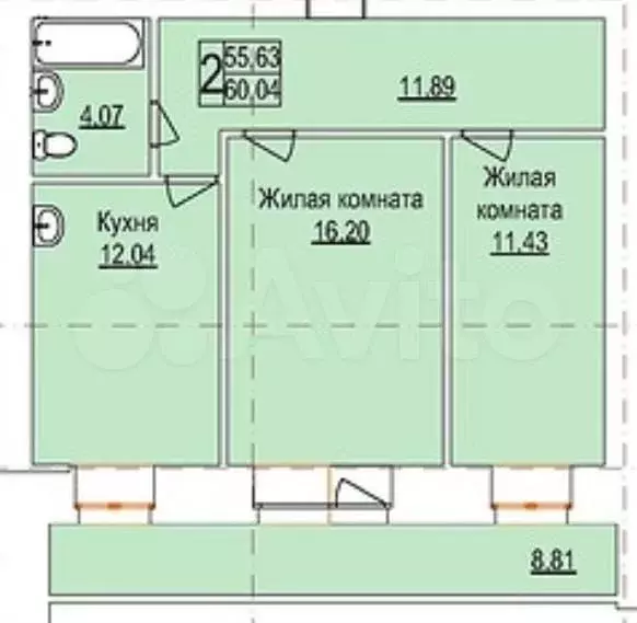 2-к. квартира, 60 м, 6/10 эт. - Фото 0
