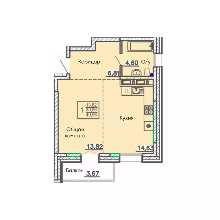 Студия Бурятия, Улан-Удэ Энергетик мкр,  (40.96 м) - Фото 1