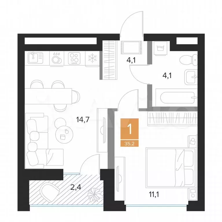 1-к. квартира, 35,2 м, 6/16 эт. - Фото 0