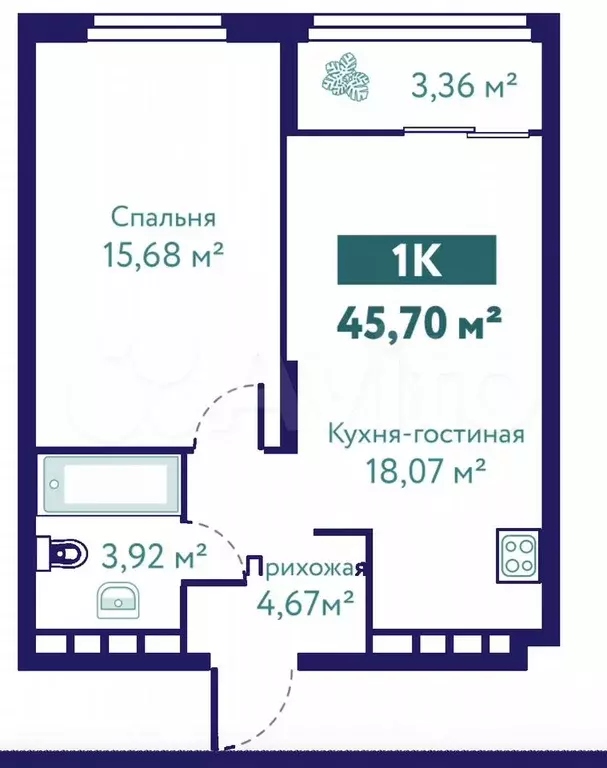 1-к. квартира, 45,7 м, 2/10 эт. - Фото 1