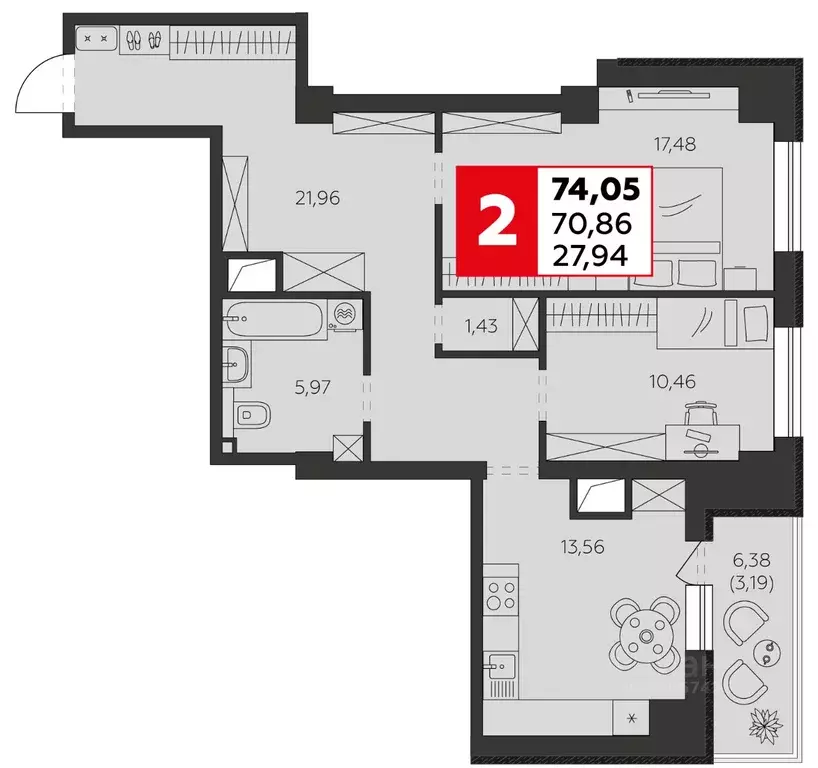 2-к кв. Ростовская область, Батайск ул. Воровского, 53 (74.05 м) - Фото 1