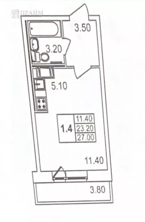 Студия Санкт-Петербург ул. Русановская, 18к1 (23.4 м) - Фото 1