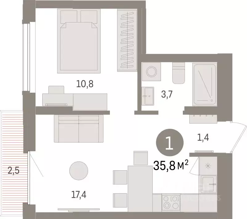 1-к кв. Липецкая область, Липецк пл. Петра Великого, 1 (35.8 м) - Фото 1