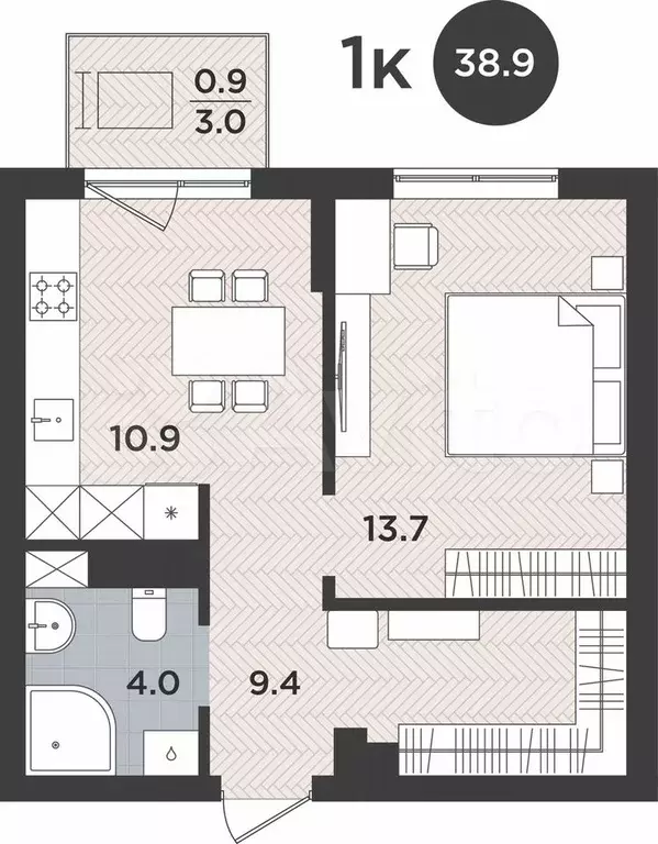 1-к. квартира, 38,9 м, 9/9 эт. - Фото 1