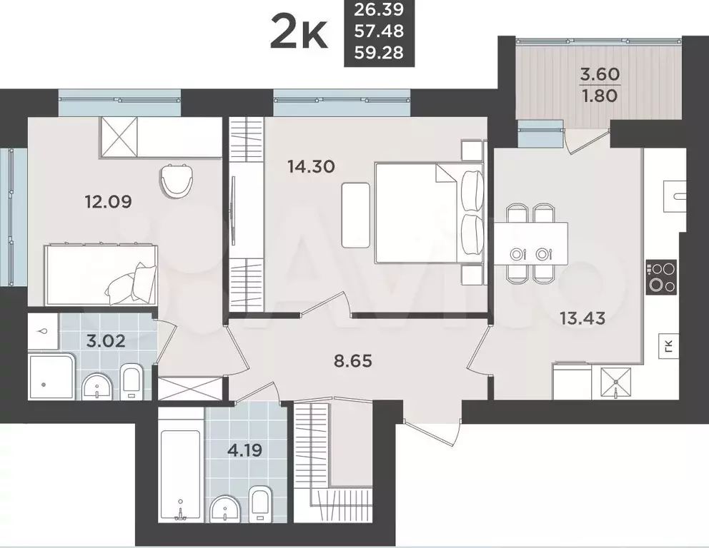 2-к. квартира, 57,5 м, 7/9 эт. - Фото 1
