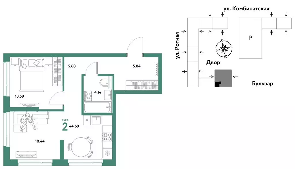 2-комнатная квартира: Екатеринбург, Ленинский район (44.69 м) - Фото 1