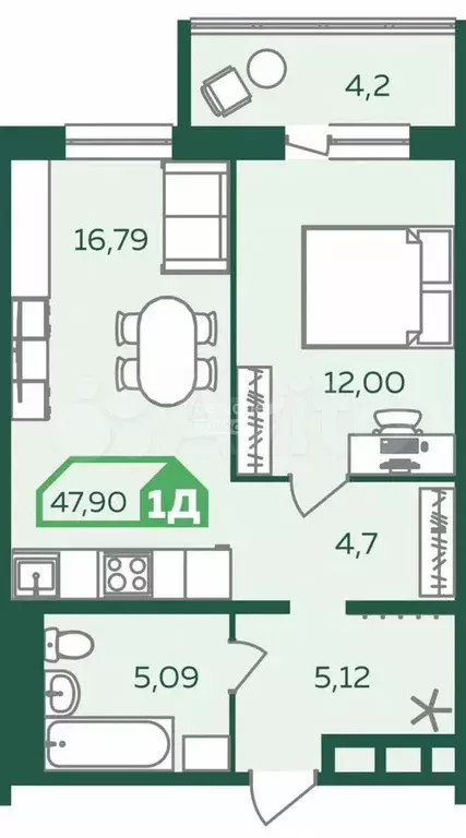 1-к. квартира, 47,9 м, 6/9 эт. - Фото 0