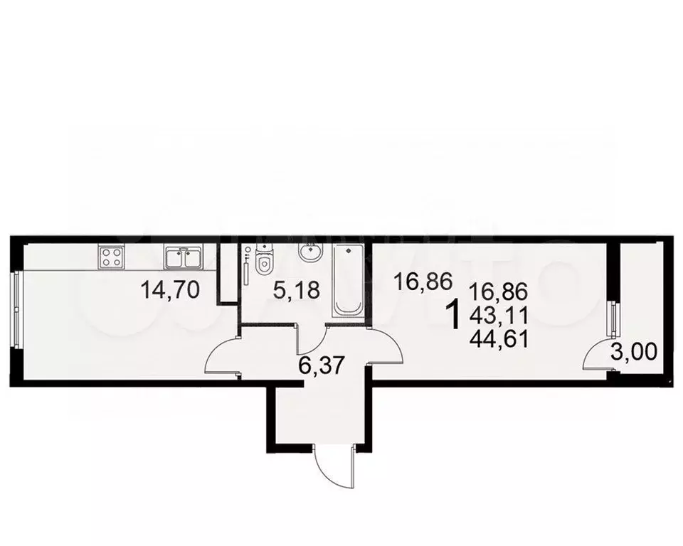 1-к. квартира, 44,6 м, 14/15 эт. - Фото 0