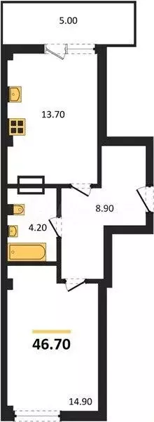1-к. квартира, 46,7 м, 6/9 эт. - Фото 1