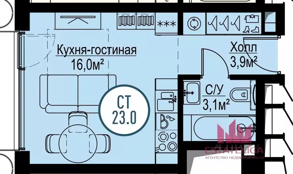 Студия Москва Волгоградский просп., 32/5к2 (22.9 м) - Фото 2