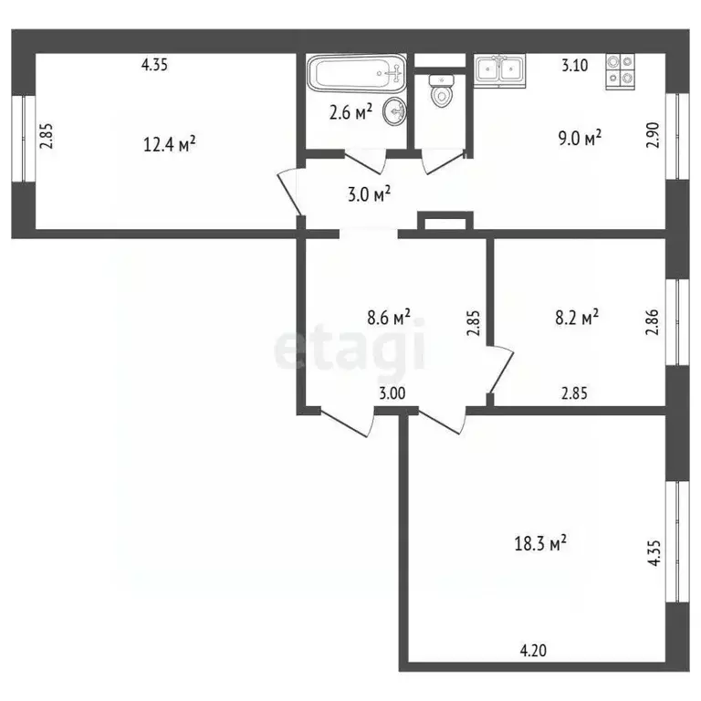 3-к кв. Кемеровская область, Кемерово Ленинградский просп., 30/1 (62.8 ... - Фото 2