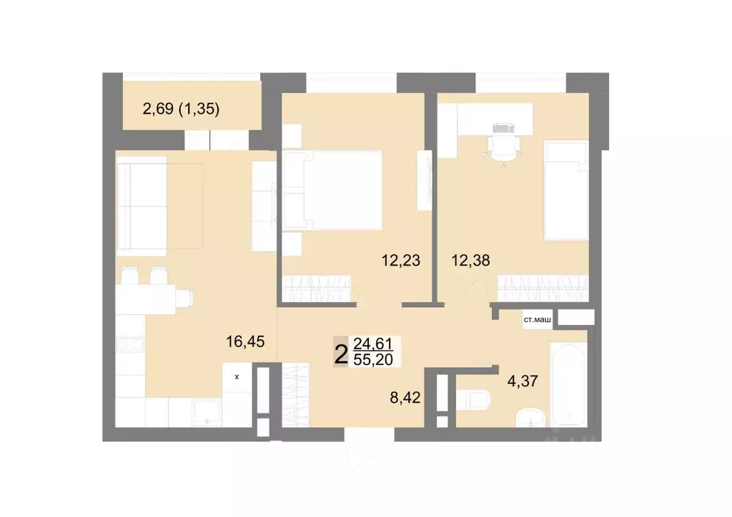 2-к кв. Свердловская область, Екатеринбург ул. Тенистая, 8с5 (55.2 м) - Фото 1