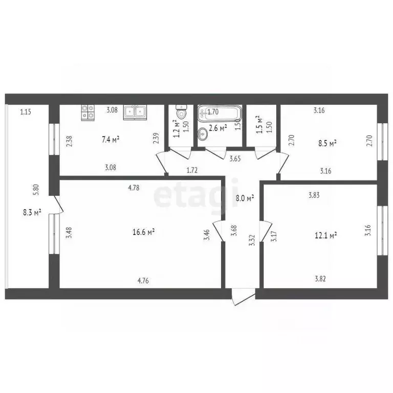3-к кв. Башкортостан, Стерлитамак Стадионная ул., 19 (57.9 м) - Фото 1