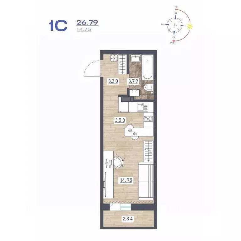 Студия Новосибирская область, Новосибирск ул. Забалуева, с10 (26.79 м) - Фото 2
