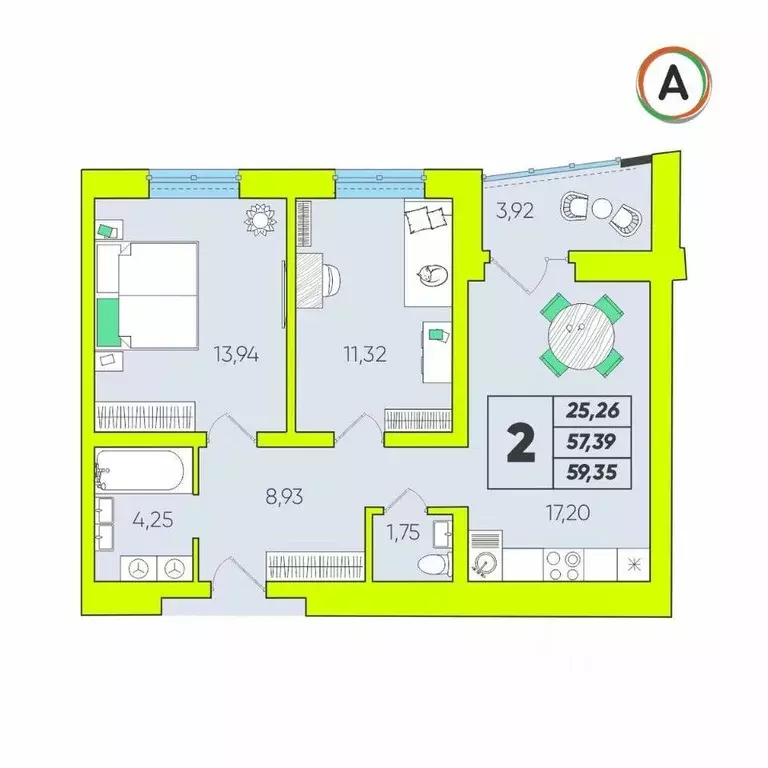 2-к кв. Калужская область, Калуга Зеленый жилой комплекс (59.35 м) - Фото 1