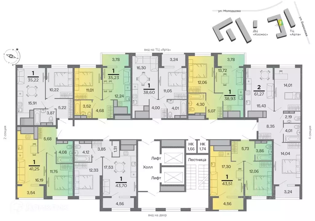2-к кв. Рязанская область, Рязань Бирюзова Парк жилой комплекс (61.27 ... - Фото 1