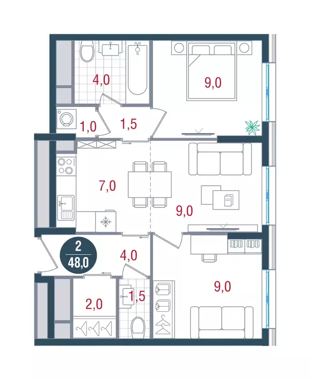 2-к квартира, 48 м - Фото 0
